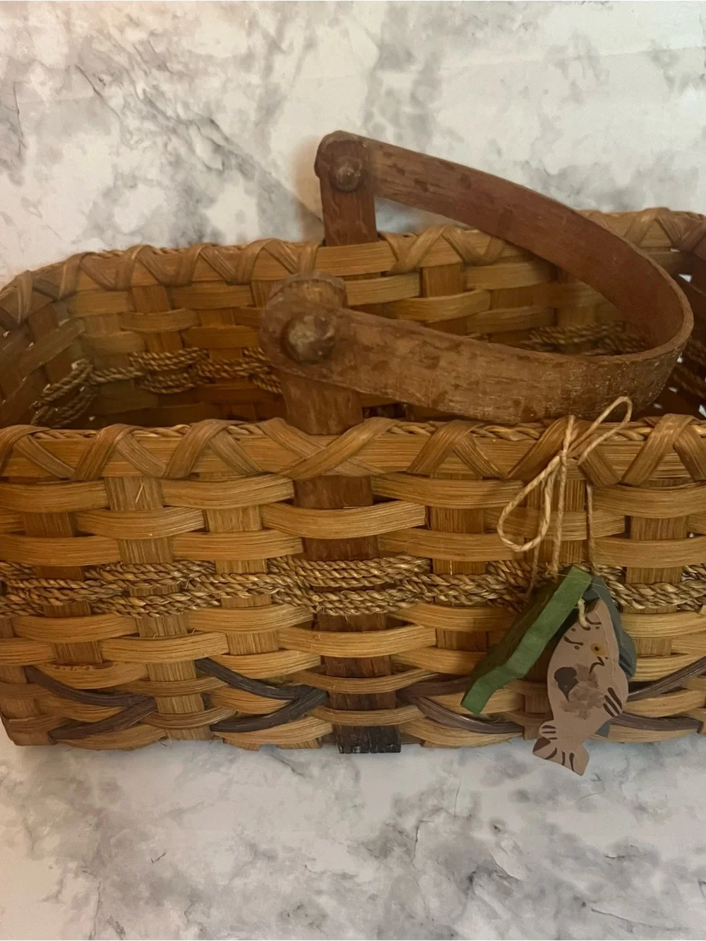 Vintage Brown Woven Basket with Wooden Handle and Fish Charm